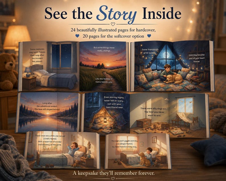 May include: An open book with illustrated pages, depicting scenes of a bedroom, a sunset, and a child with a dog. The text reads "See the Story Inside" and "A keepsake they'll remember forever."