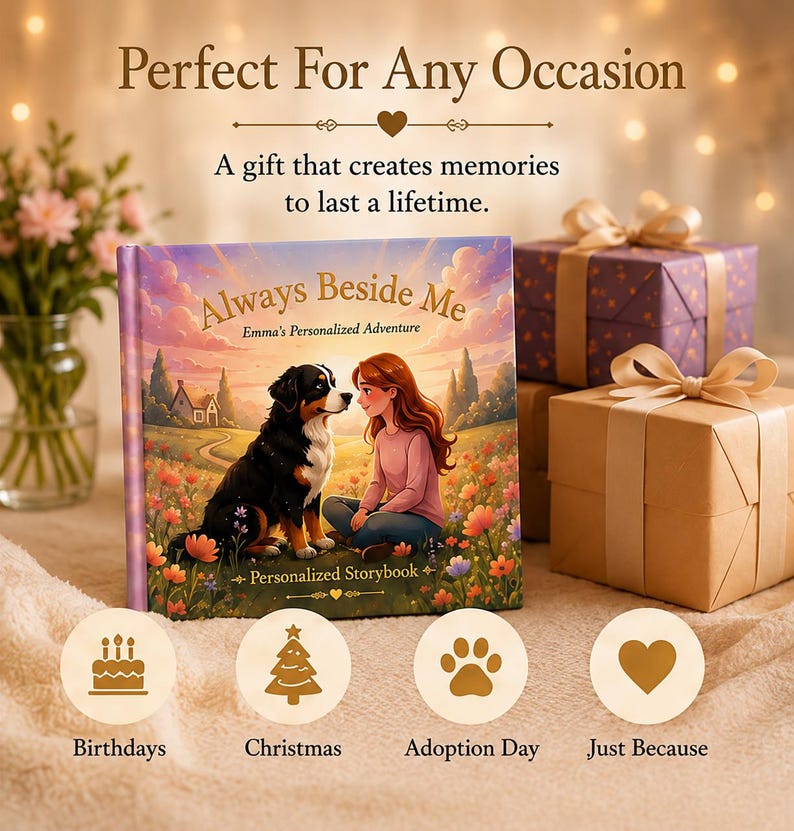 Peut inclure: Un livre d'histoires personnalis&eacute; intitul&eacute; "Always Beside Me" avec une fille et un chien, avec le texte "Perfect For Any Occasion". Le livre est &agrave; c&ocirc;t&eacute; de cadeaux emball&eacute;s et d'ic&ocirc;nes pour les anniversaires, No&euml;l, l'adoption et juste parce que.