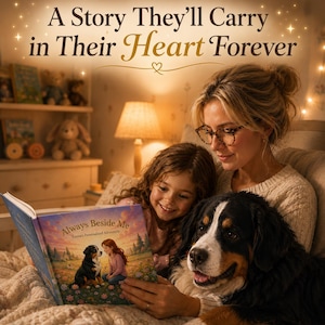 Peut inclure: Une m&egrave;re et son enfant lisent un livre personnalis&eacute; intitul&eacute; "Always Beside Me" avec un bouvier bernois. La couverture du livre pr&eacute;sente une illustration d'une fille et d'un chien. Le texte ci-dessus se lit "A Story They'll Carry in Their Heart Forever."