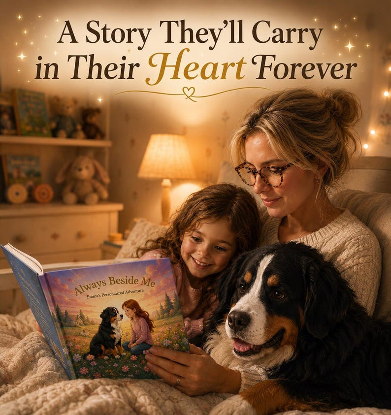 Peut inclure: Une m&egrave;re et son enfant lisent un livre personnalis&eacute; intitul&eacute; "Always Beside Me" avec un bouvier bernois. La couverture du livre pr&eacute;sente une illustration d'une fille et d'un chien. Le texte ci-dessus se lit "A Story They'll Carry in Their Heart Forever."