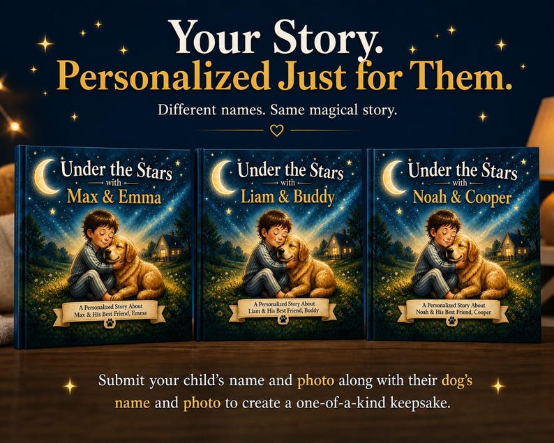 May include: Three children's books titled "Under the Stars" with different names. Each cover shows a boy hugging a golden retriever under a starry night. The text reads "Your Story. Personalized Just for Them."