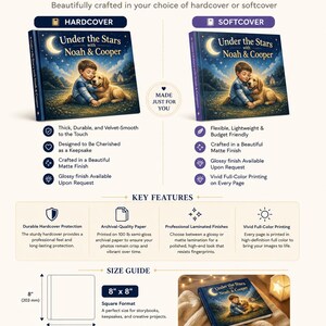 May include: Image presents two book options: hardcover and softcover. Both feature the title "Under the Stars with Noah & Cooper" with an illustration of a boy and dog. The books are 20.3 cm x 20.3 cm square format, with key features listed, including archival-quality paper.