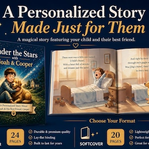May include: An illustrated children's book, "Under the Stars with Noah & Cooper." The cover shows a boy and a golden retriever. The open book displays illustrations of the boy and dog. Available in hardcover and softcover formats, with 24 or 20 pages.