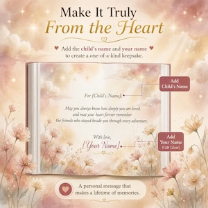 Peut inclure: Un souvenir personnalis&eacute; avec le texte "Make It Truly From the Heart". Le design pr&eacute;sente une illustration douce de style aquarelle d'un livre avec des accents floraux. Des invites de texte invitent &agrave; ajouter le nom d'un enfant et le nom du donateur.