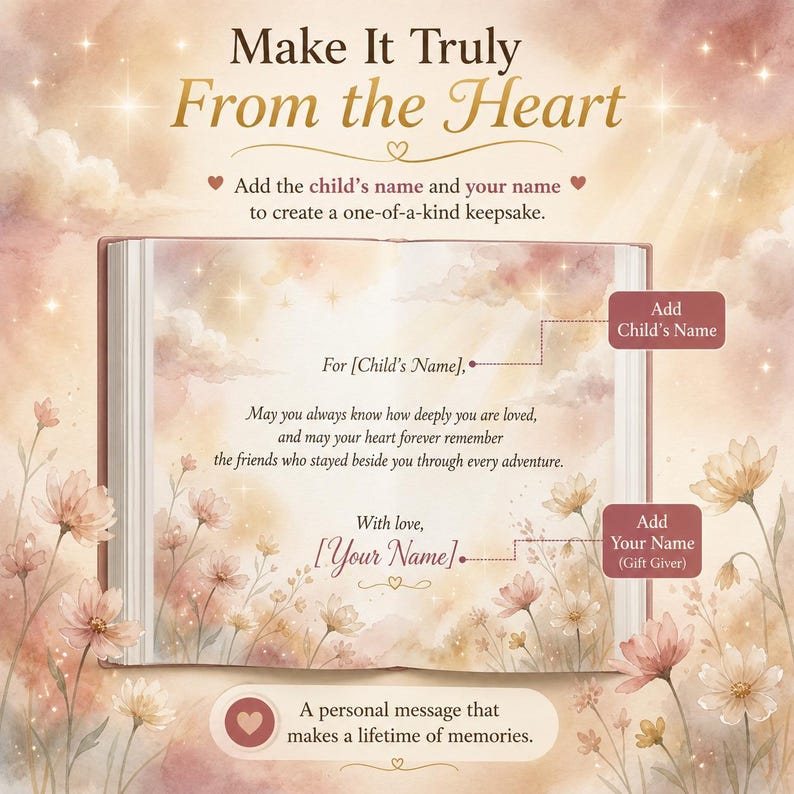 Peut inclure: Un souvenir personnalis&eacute; avec le texte "Make It Truly From the Heart". Le design pr&eacute;sente une illustration douce de style aquarelle d'un livre avec des accents floraux. Des invites de texte invitent &agrave; ajouter le nom d'un enfant et le nom du donateur.