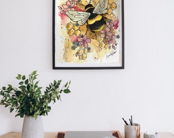 Watercolor Bee-flower painting