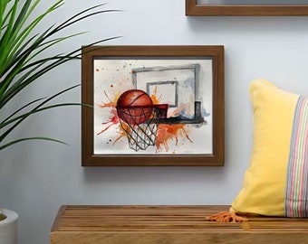 Aquarel, basketbalschilderij, kunst aan de muur, fotolijst