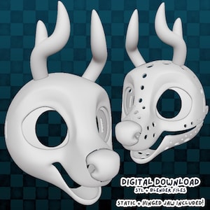 Puede incluir: Dos máscaras blancas de cabeza de ciervo impresas en 3D, una con la mandíbula cerrada y otra con la mandíbula abierta. Las máscaras tienen grandes aberturas para los ojos, un hocico redondeado y cornamentas estilizadas. El texto en la imagen dice "DESCARGA DIGITAL STL+BLENDER FILES STATIC+HINGED JAW INCLUDED!"
