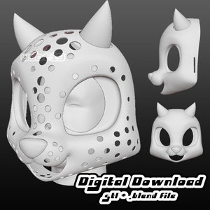 May include: A 3D printed model of a cartoon animal head with a spotted pattern. The model is in a white plastic material and is designed for 3D printing. The model is available for digital download in STL and Blend file formats.