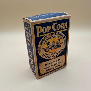 Boîte de pop-corn Jolly Time vintage des années 1930 - Très bon état - emballage alimentaire de collection antique - Boîte de pop-corn en papier carton - Indiana