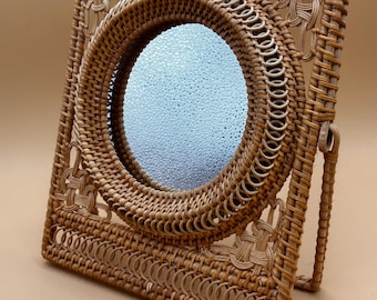 Vintage Rattan Wicker Dressing Table Round Mirror with Stand - 1970s