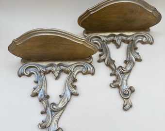 Vintage Syroco Wood Gold Wall Sconce Shelves – Pair of Ornate Rococo Hollywood Regency Decor