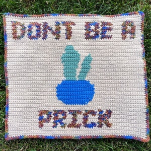 May include: A crocheted wall hanging with the text "Don't be a prick" and a blue and green cactus design.