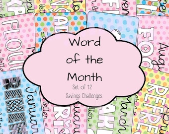 Word of the Month Savings Challenges DIGITAL DOWNLOAD Mini Cash Stuffing Challenge Low Income Budget Printable A6 Size Full Year Bundle Pack