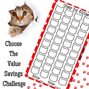 Choose the Value Cat Savings Challenge DIGITAL DOWNLOAD Mini Cash Stuffing Challenge Low Income Budget Printable 2 sizes A6 & Half Sheet image 1