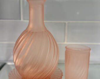 Vintage Frosted Pink Glass Carafe Bedside Tumble Up Set 1980s