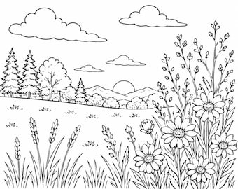 Wildflower Meadow Coloring Page | Printable Nature Landscape (PDF Download)