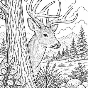 Op de afbeelding: Zwart-wit illustratie van een hert met groot gewei, gedeeltelijk verborgen door een boomstam. De achtergrond toont een landschap met bergen, bomen en grasvelden, wat een gedetailleerde natuurscène creëert.