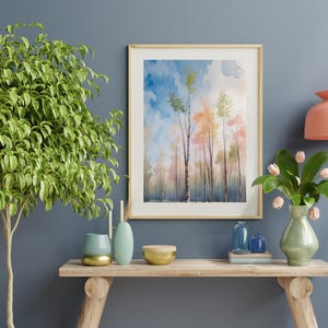 Fall aspen trees in watercolor, printable wall art, home and office decor