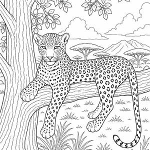 Könnte beinhalten: Schwarz-Weiß-Linienzeichnung eines Leoparden, der auf einem Ast ruht. Der Leopard hat ein geflecktes Fell und befindet sich vor einer Kulisse einer afrikanischen Savannenlandschaft mit Bäumen, Bergen und Wolken.