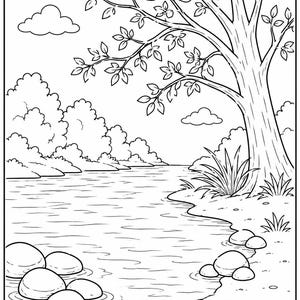 May include: A black and white line art coloring page illustration featuring a tranquil river scene. A large tree with detailed leaves hangs over the water, while smooth stones are scattered along the riverbank and partially submerged in the water.