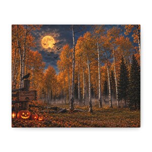 May include: A rectangular wall art print depicting an autumn forest scene with tall birch trees, orange foliage, and a full moon in a dark sky. A wooden sign reads Happy Halloween, accompanied by three glowing jack-o'-lanterns and flying bats.