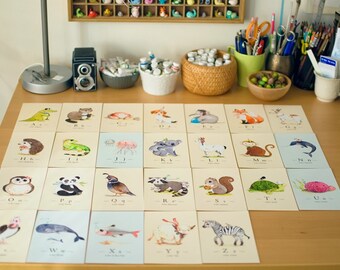 Set of 26 prints, 4x6 inches, Nursery art, alphabet prints, Animal alphabet print set, Watercolor painting
