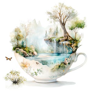 19 Clipart di tazze da tè magiche, clipart di tazze da tè fantasy, clipart di acquerelli stampabili, PNG/JPG di alta qualità, download digitale, artigianato di carta, diari