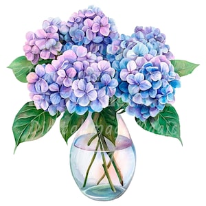 24 Hydrangea in Vase Clipart, Blue Hortensia, Printable Watercolor clipart, High Quality PNGs, Digital download, Paper craft, Junk journal
