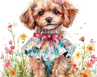 24 Floral Puppy Clipart, Puppy Clipart, Printable Watercolor clipart, High Quality JPGs, Digital download, Paper craft, Junk journals