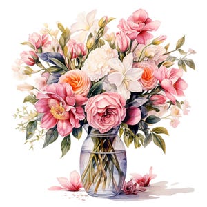 19 Bouquet da sposa in vaso di vetro Clipart, Clipart acquerello stampabile, JPG/PNG di alta qualità, Download digitale, Carta artigianale, diario spazzatura