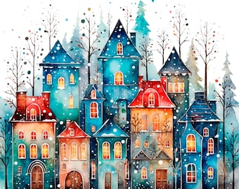 19 Christmas Card Clipart, Winter Houses Card, Printable Watercolor clipart, High Quality PNG/JPG, Digital download, Paper craft, journals