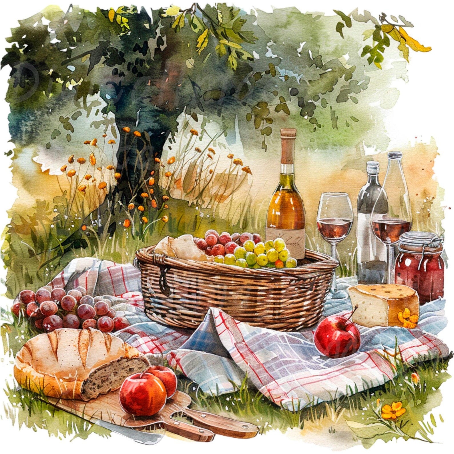 Spring Picnic Graphics 19 Spring Picnic Clipart, Picnic in Park, Printable Watercolor Clipart ...