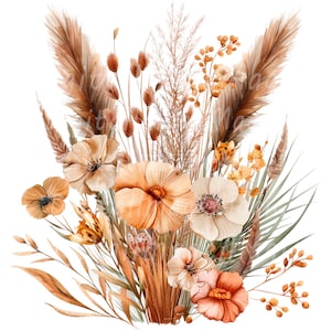 Peut inclure: Une peinture à l'aquarelle d'un bouquet de fleurs séchées et d'herbes dans des tons de brun, beige et crème. Le bouquet comprend du pampas, des fleurs séchées et d'autres feuillages séchés.