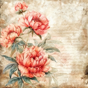 24 carte da sfondo Vintage Peonies, confezione di carta digitale 12 x 12, carta per diario spazzatura, carta per album, carta stampabile, JPG di alta qualità