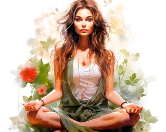 19 imágenes prediseñadas de mujer meditando, meditación, imágenes prediseñadas de acuarela imprimibles, JPG/PNG de alta calidad, descarga digital, manualidades de papel, diario basura