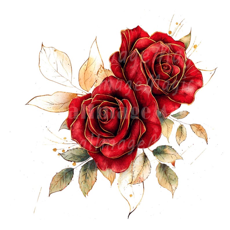 16 Red Gold Rose Clipart, Red Rose Stem, Printable Watercolor Clipart ...