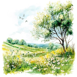 24 imágenes prediseñadas de paisajes primaverales, imágenes prediseñadas de primavera, imágenes prediseñadas de acuarela imprimibles, archivos JPG de alta calidad, descarga digital, manualidades de papel, diarios basura