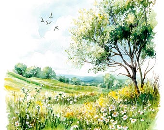 24 Frühling Landschaft Clipart, Frühling Clipart, druckbare Aquarell Clipart, hochwertige JPGs, digitaler Download, Papiermodell, Junk Journals