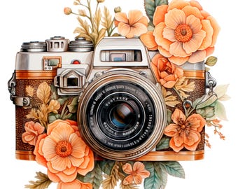 19 Vintage Floral Camera Clipart, Photo camera, Printable Watercolor clipart, High Quality PNG/JPGs, Digital download, Paper craft, Journals