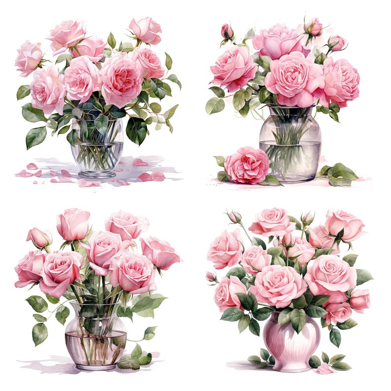 19 Roses in Vase Clipart, Pink Roses, Printable Watercolor Clipart ...
