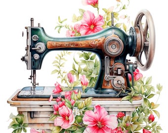 19 Vintage Floral Sewing Machine Clipart, Wydrukowalne akwarelowe clipart, Wysokiej jakości JPG/PNG, Pobieranie cyfrowe, Rękodzieło papierowe, Dzienniki śmieci
