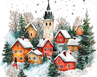 May include: Watercolor illustration of a snow-covered village with red and orange houses, a tall church tower, and evergreen trees. The scene is set against a white background with falling snowflakes, evoking a festive winter atmosphere.
