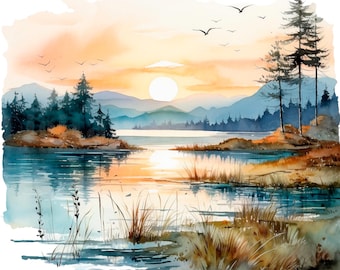 19 imágenes prediseñadas de paisaje de lago, amanecer en el lago, imágenes prediseñadas de acuarela imprimibles, JPG/PNG de alta calidad, descarga digital, alta resolución, manualidades de papel