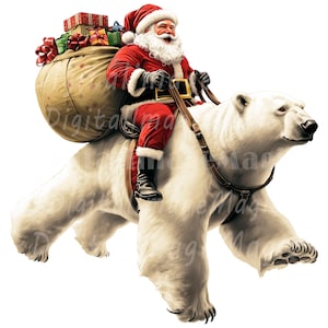 12 Papai Noel Montando Urso Polar Clipart Conjunto 2, Clipart de aquarela para impressão, PNG/JPGs de alta qualidade, Download digital, Artesanato em papel, Diário