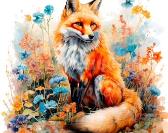 20 Floral Fox Clipart, Vintage Fox, Printable Watercolor clipart, High Quality JPG/PNGs, Digital download, Paper craft, junk journals