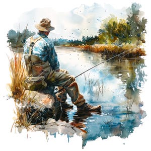 19 Man Fishing Clipart, Lake Fishing Landscape, Printable Watercolor clipart, High Quality PNGs, Digital download, Paper craft, Junk Journal