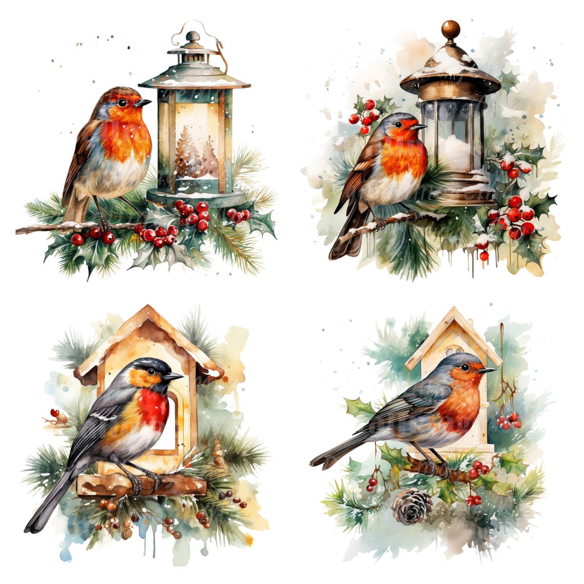 19 Christmas Robin Clipart, Printable Watercolor Clipart, High Quality ...