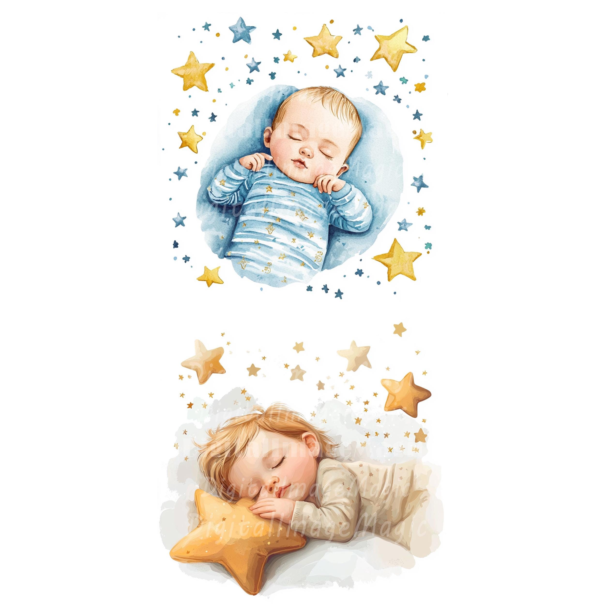 Baby Sleeping Watercolor Clipart: Nursery Art, Moon & Stars