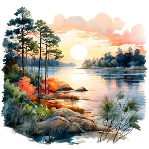 18 See Landschaft Clipart, See Sonnenaufgang, druckbare Aquarell Clipart, hochwertige JPG / PNGs, digitaler Download, hohe Auflösung, Papiermodell